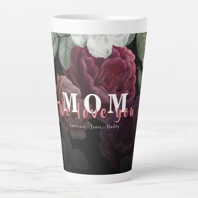 Taza De Café Latte Personalizado floral blanco negro borgoña Monogram (Anverso)
