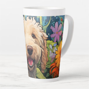 Taza De Café Latte Personalizado Goldendoodle en un jardín latte Mug