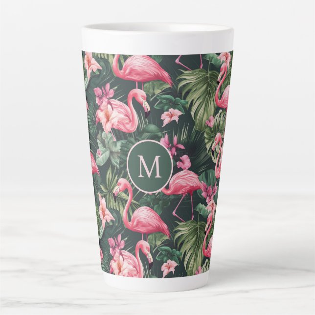 Taza De Café Latte Personalizado Monograma Flamencos rosados Patrón t (Anverso)