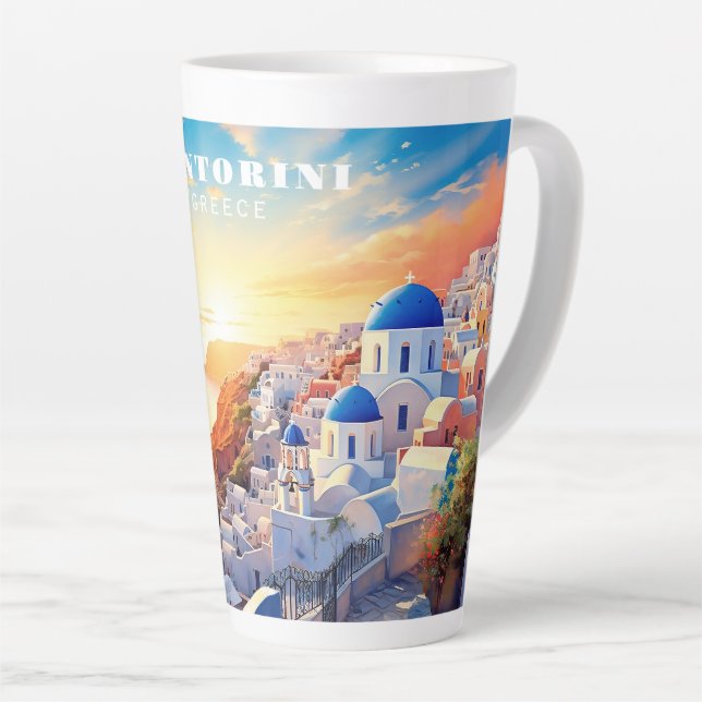 Taza De Café Latte Personalizado Texto Santorini Grecia Atardecer (Ángulo derecho)