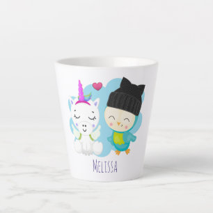 Taza De Café Latte Personalizados felinos: unicornio y pájaro felices