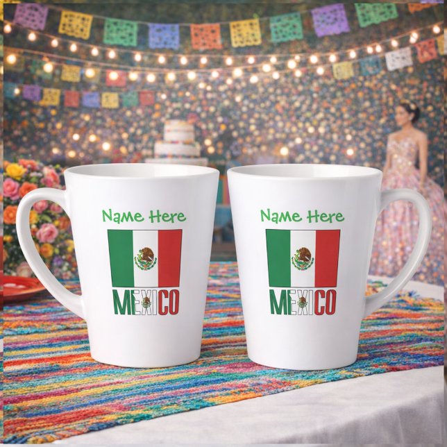 Taza De Café Latte Personalized Mexico Flag Name Design (Personalized small latte mug has design on 2 sides. Mexican Flag, MEXICO below. Name added above.)
