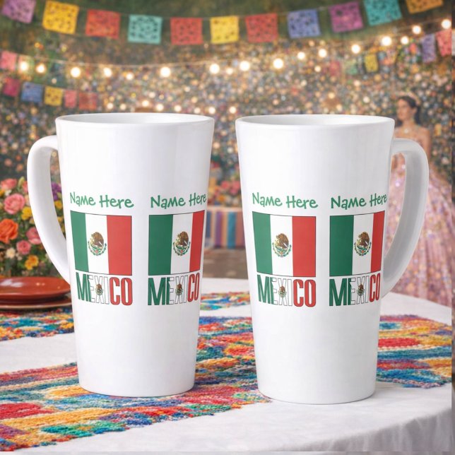 Taza De Café Latte Personalized Mexico Flag Name Design Large (Personalized large latte mug with Mexican Flag, MEXICO below in flag colors. Add name above in green)