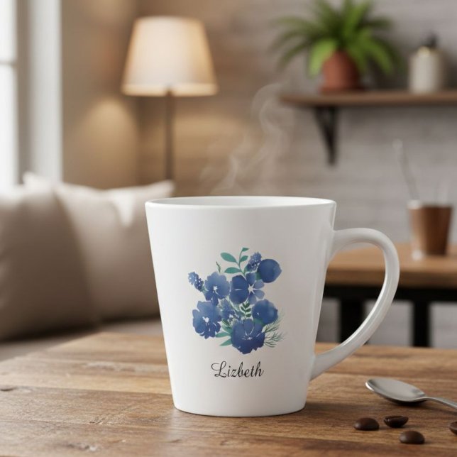Taza De Café Latte Personalized Midnight Bloom Blue Floral Latte Mug (Subido por el creador)