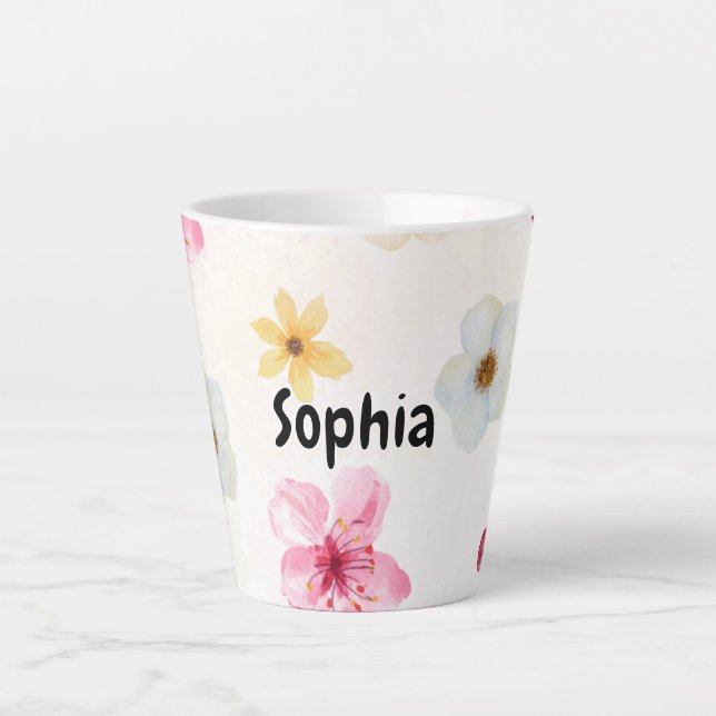 Taza De Café Latte Personalized Soft Watercolor Floral Name Latte Mug (Anverso)