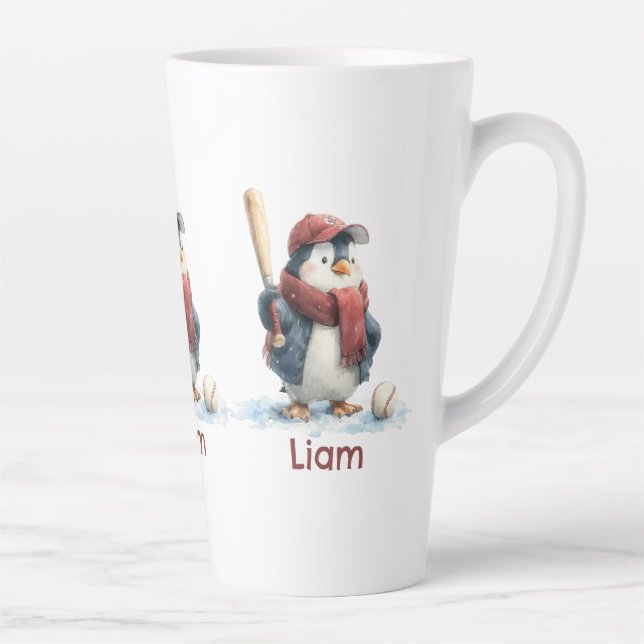 Taza De Café Latte Personalized Winter Penguin Baseball Kid (Derecha)