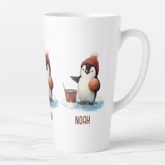 Taza De Café Latte Personalized Winter Penguin Basketball Kid (Derecha)
