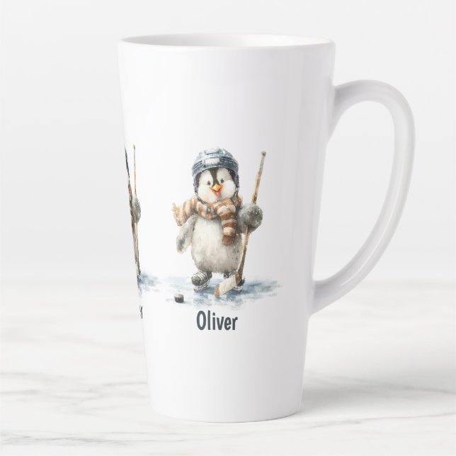 Taza De Café Latte Personalized Winter Penguin Hockey Kid (Derecha)