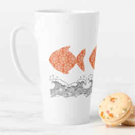 Taza De Café Latte Pescado y olas