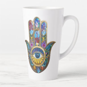 Taza De Café Latte Pétalos Coloridos Hojas Hamsa Zafiro Tercer Ojo