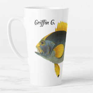 Taza De Café Latte Pez mero azul y amarillo, vida marina vintage