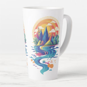 Taza De Café Latte Picos soleados y río que fluye
