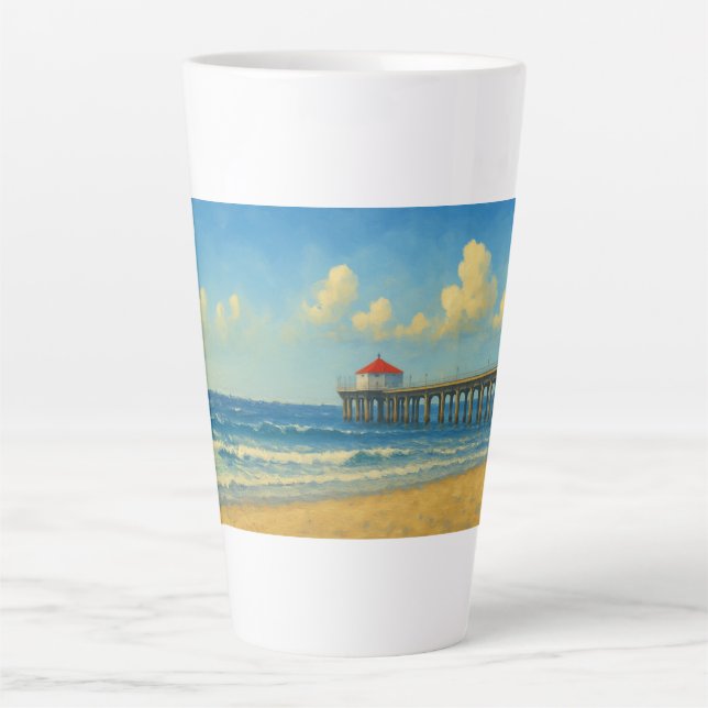 Taza De Café Latte Pier de Manhattan Beach con techo rojo (Anverso)