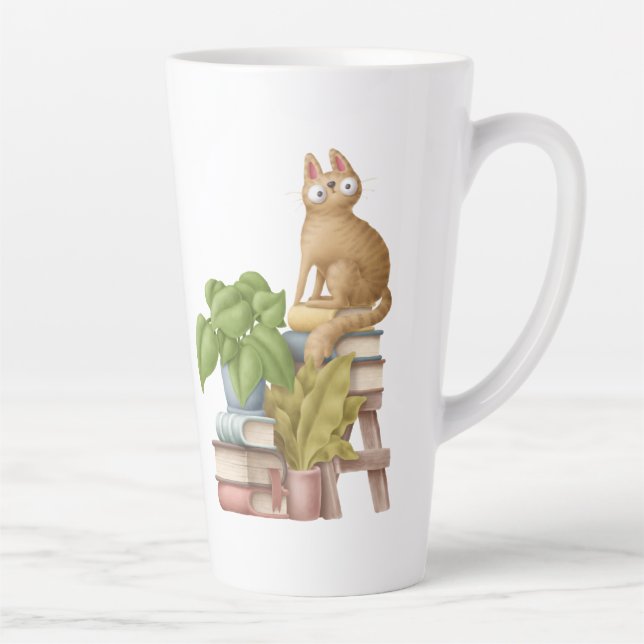 Taza De Café Latte Pilas de gatos y libros cortos (Derecha)