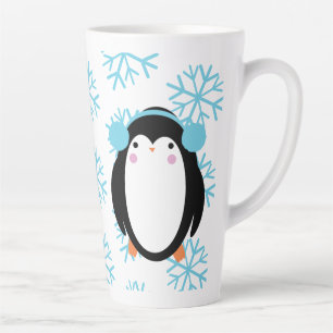 Taza De Café Latte Pinguino Lindo de Invierno y Copos de Nieve