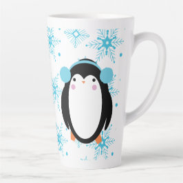 Taza De Café Latte Pinguino Lindo de Invierno y Copos de Nieve