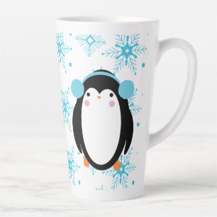 Taza De Café Latte Pinguino Lindo de Invierno y Copos de Nieve
