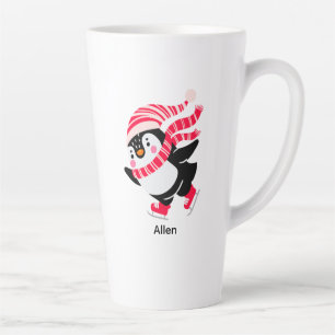 Taza De Café Latte Pingüino navidad en Gorra y bufanda en patines