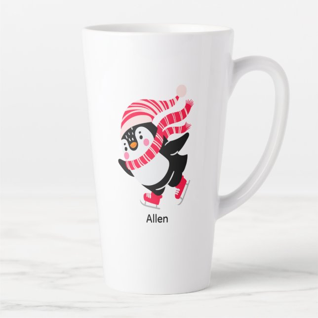 Taza De Café Latte Pingüino navidad en Gorra y bufanda en patines (Derecha)