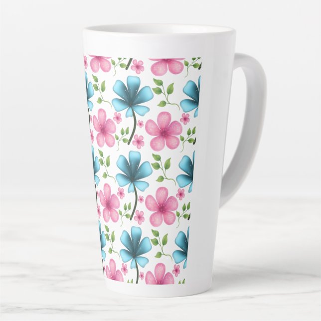 Taza De Café Latte Pink & Blue Floral Seamless Pattern (Ángulo derecho)