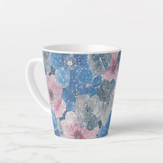 Taza De Café Latte Pink Blue Flowers Sparkle (Ángulo izquierdo)