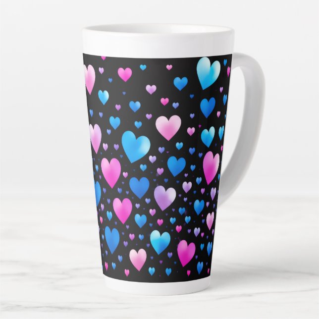 Taza De Café Latte Pink & Blue Glowing Hearts  (Ángulo derecho)