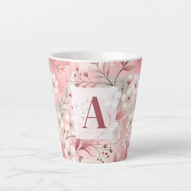 Taza De Café Latte Pink cherry blossom monogram (Anverso)