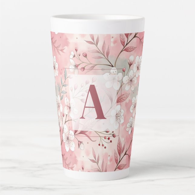 Taza De Café Latte Pink cherry blossom monogram (Anverso)