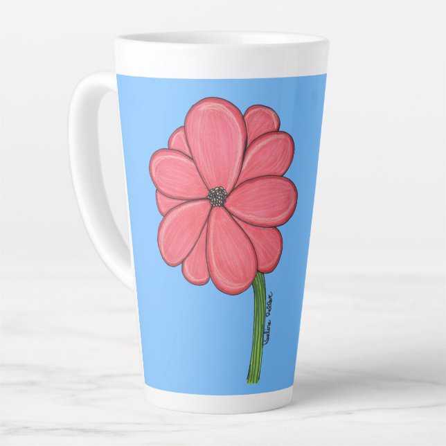Taza De Café Latte Pink Flower Full with Blue background (Ángulo izquierdo)