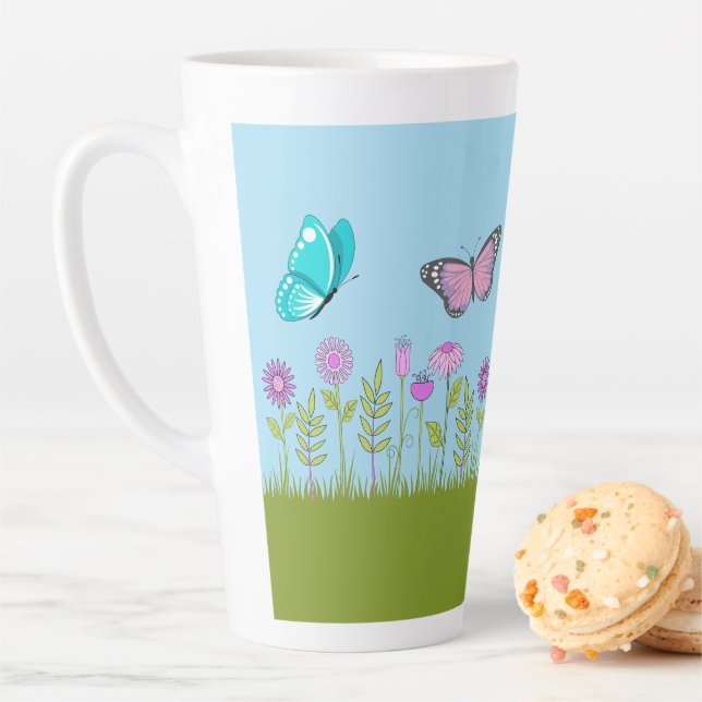 Taza De Café Latte Pink Flowers and Butterfly All-Over Print  (In situ)