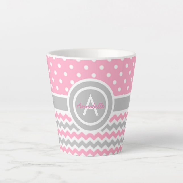 Taza De Café Latte Pink Gray Polka Dot Chevron (Anverso)