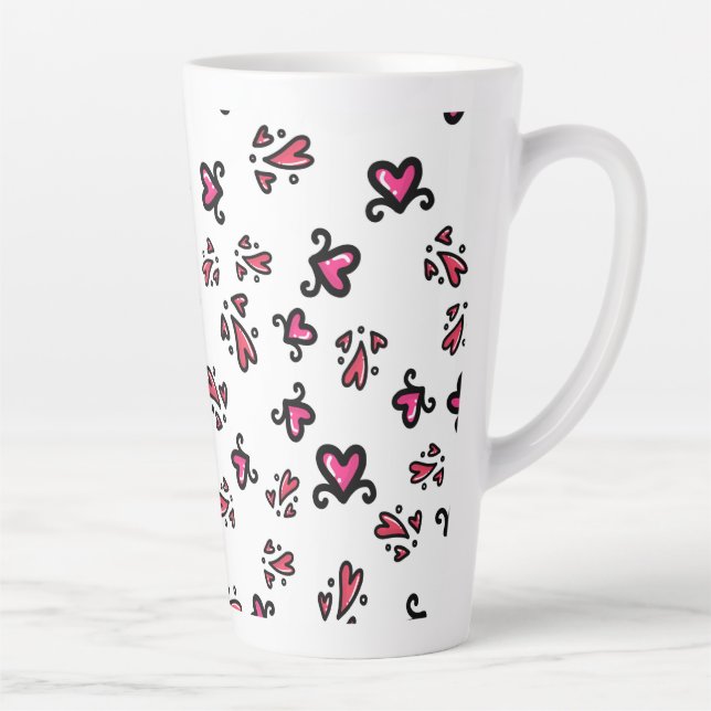 Taza De Café Latte Pink Hearts Pattern – Cute Doodle Design (Derecha)