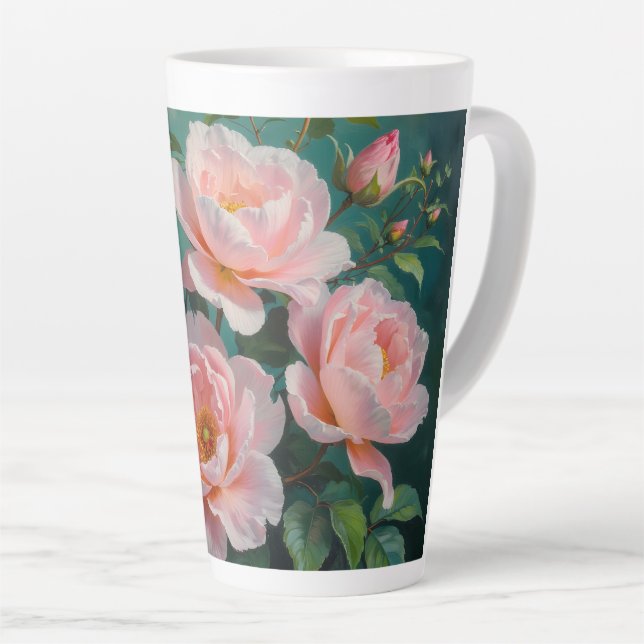 Taza De Café Latte Pink Peonies Artwork on Emerald Green (Ángulo derecho)