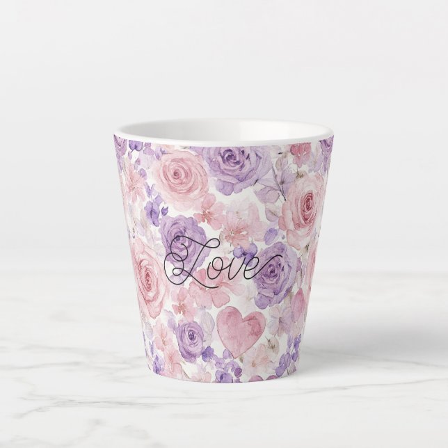 Taza De Café Latte Pink Purple Blush Flowers Hearts (Anverso)
