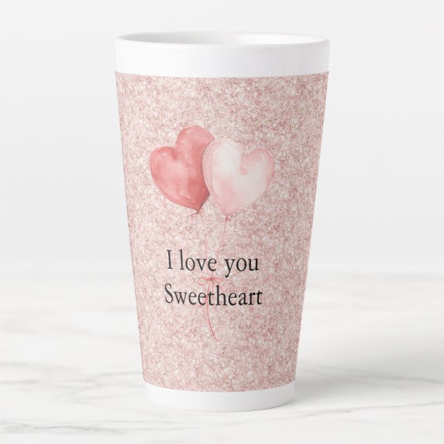 Taza De Café Latte Pink Red Heart Balloons Glitter Sweetheart (Anverso)