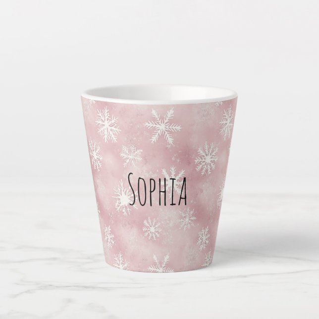 Taza De Café Latte Pink White Snowflakes Christmas (Anverso)