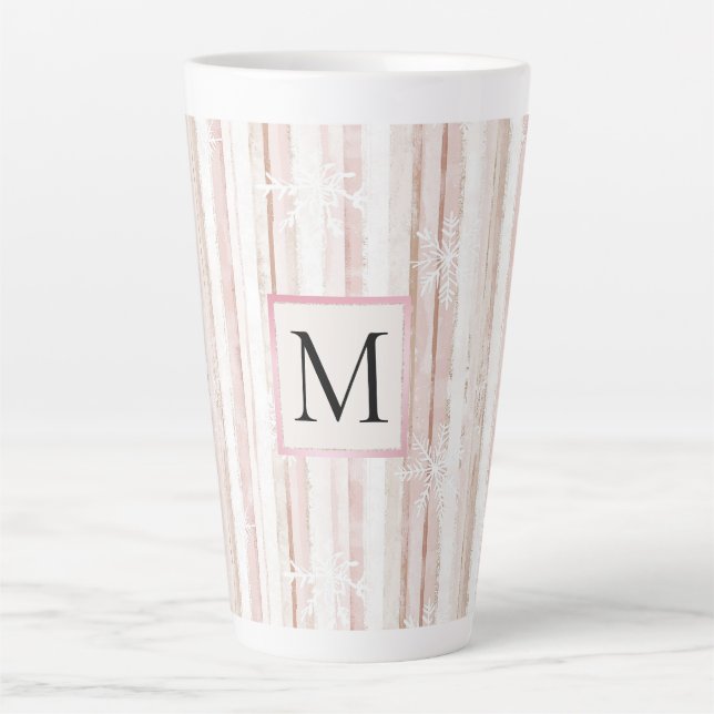 Taza De Café Latte Pink White Snowflakes Stripes Monogram (Anverso)