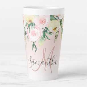 Taza De Café Latte Pink y Flores Pastel Modernos Con Nombre