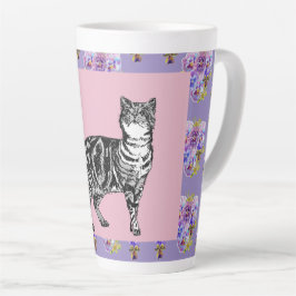 Taza De Café Latte Pintada mano Púrpura Tabby Gato floral Latte Mug