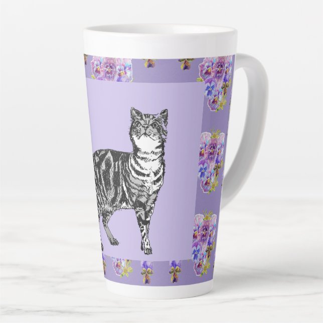 Taza De Café Latte Pintada mano Púrpura Tabby Gato floral Latte Mug (Ángulo derecho)