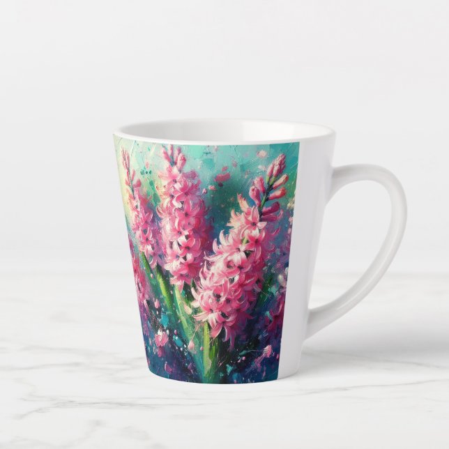 Taza De Café Latte Pintado Impresionista Floral De Hiacintos Rosados (Derecha)