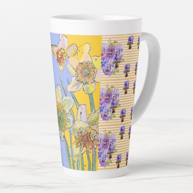 Taza De Café Latte Pintado mano Pintado Pañuelo Púrpura Pansies flora (Ángulo derecho)