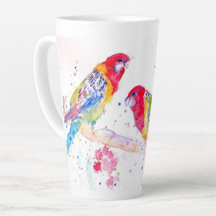 Taza De Café Latte Pintura de color azul rojo de loro arte acuarela