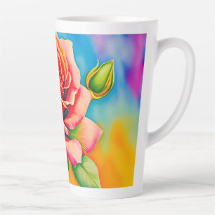 Taza De Café Latte Pintura digital de flor de rosa colorida