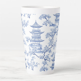 Taza De Café Latte PixDezine Chinoiserie Azul Pagodas Flor de Cerezo
