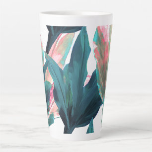 Taza De Café Latte PixDezines Hojas Verde azuladas Oscuras+Ti Rosadas