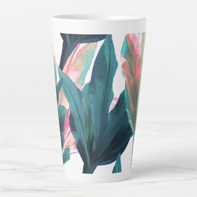 Taza De Café Latte PixDezines Hojas Verde azuladas Oscuras+Ti Rosadas (Anverso)
