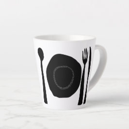 Taza De Café Latte Placa y utensilios negros y blancos