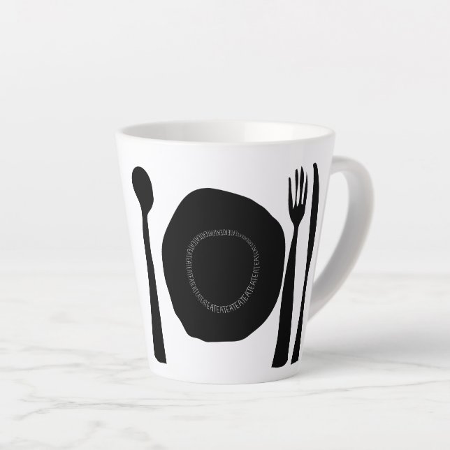 Taza De Café Latte Placa y utensilios negros y blancos (Ángulo derecho)