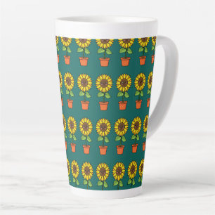 Taza De Café Latte Planta de girasol de Kawaii en una olla